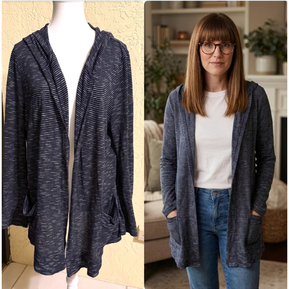 Talbots Hooded Open Front Cardigan Women's L Navy White Stripe 100% Cotton - Picture 9 of 9